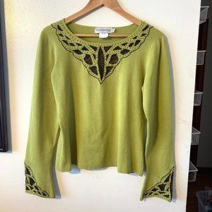 Sharon Young Silk Rayon Avocado Green Longsleeves Cropped Top Sz M